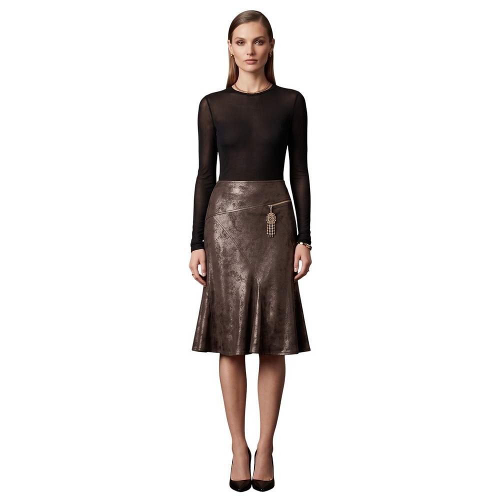 JOSEPH RIBKOFF Fluted Midi Skirt Metallic Brown Bling sz 8 Vintage Luxe $210